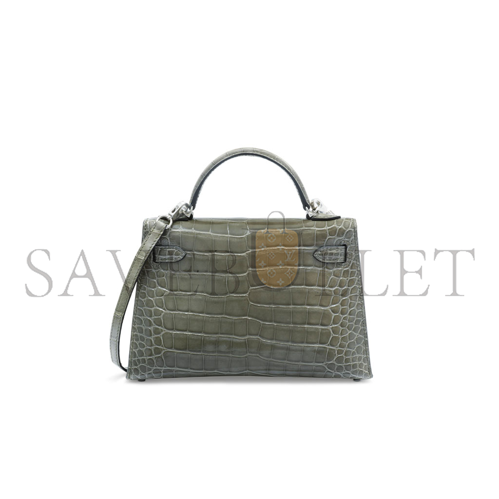 H**mes master mini kelly ii glossy crocodile turtledove gray silver buckle (19*12*5.5cm)
